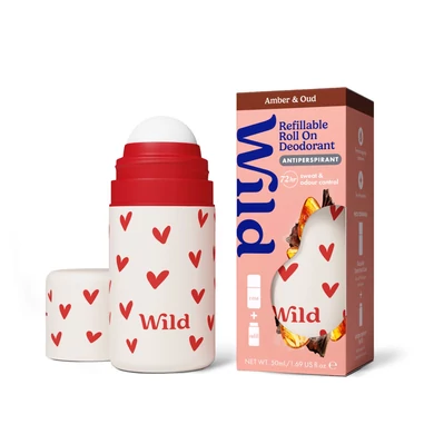 WILD Izzadásgátló roll-on tartó & utántöltő Borostyán - Oud illattal 40 ml - Szívecskék